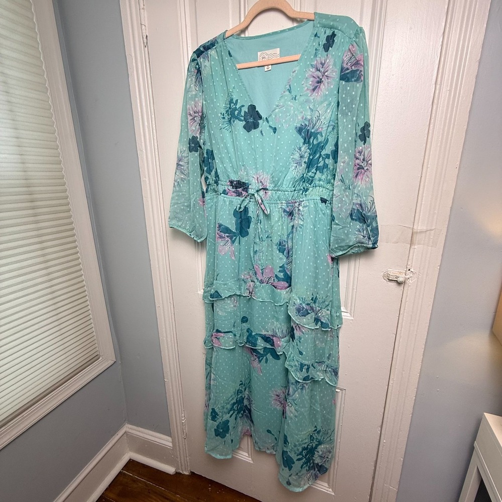 Destination 365 Floral Chiffon Maxi Dress Womens Medium Blue Dot Tiered NWOT